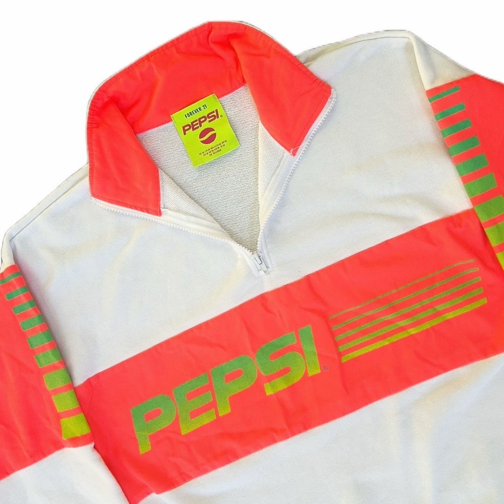 Pepsi Forever 21 Sweater Long Sleeve Retro 1/4 Zip Neon Pink White Women's‎ M